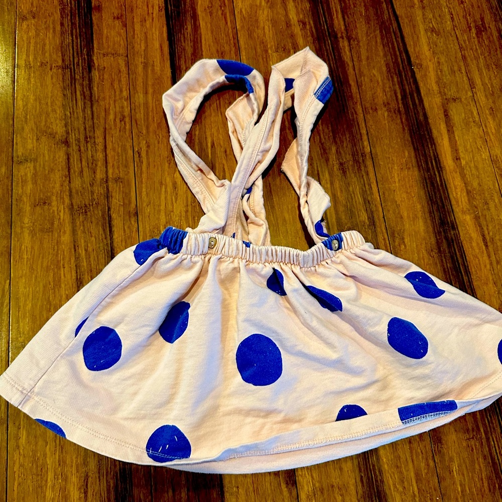 Pink & Blue polkadot, overall skirt- 3/4y